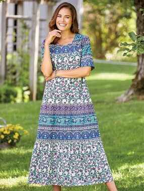 Vermont Country Store Women's M Tiered Maxi Dress Purple Green Floral Elephants